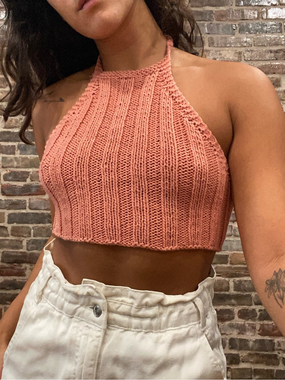Handmade Knit Halter Crop Top in Dusty Rose